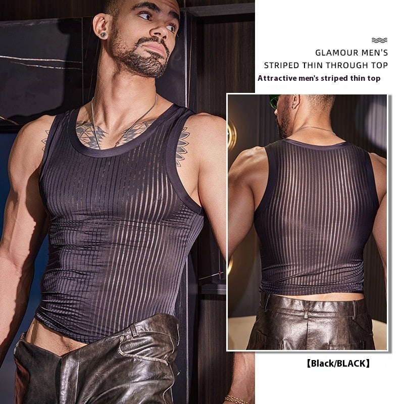 New Men's Cross-strap Vest Striped Thin Transparent High Elastic Skin-friendly Top