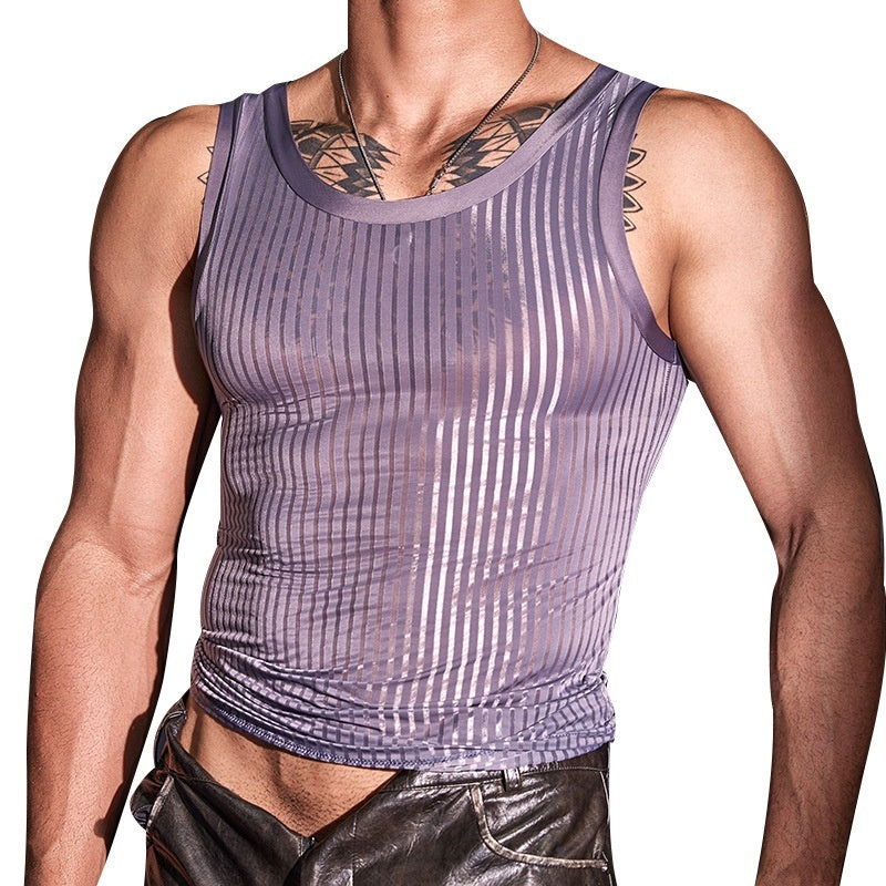 New Men's Cross-strap Vest Striped Thin Transparent High Elastic Skin-friendly Top