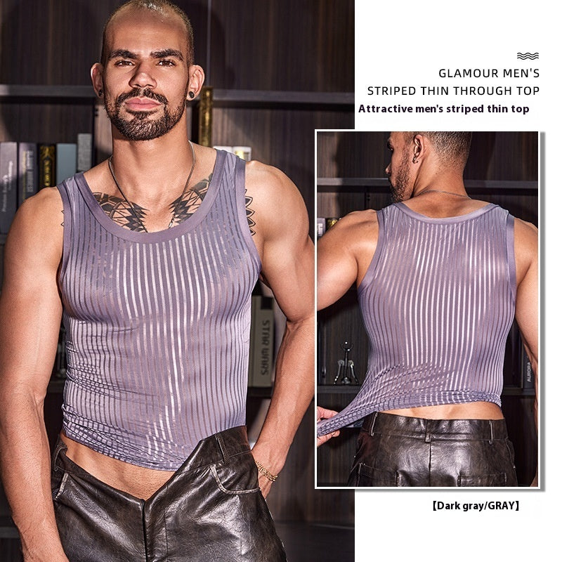 New Men's Cross-strap Vest Striped Thin Transparent High Elastic Skin-friendly Top