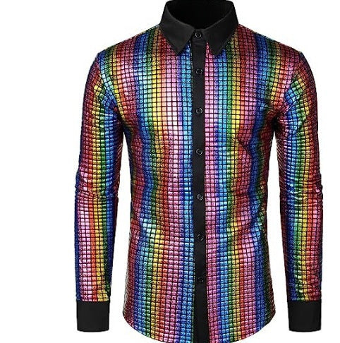 Performance Wear Sequined Casual Shirt Fashion Shiny Surface Lapel